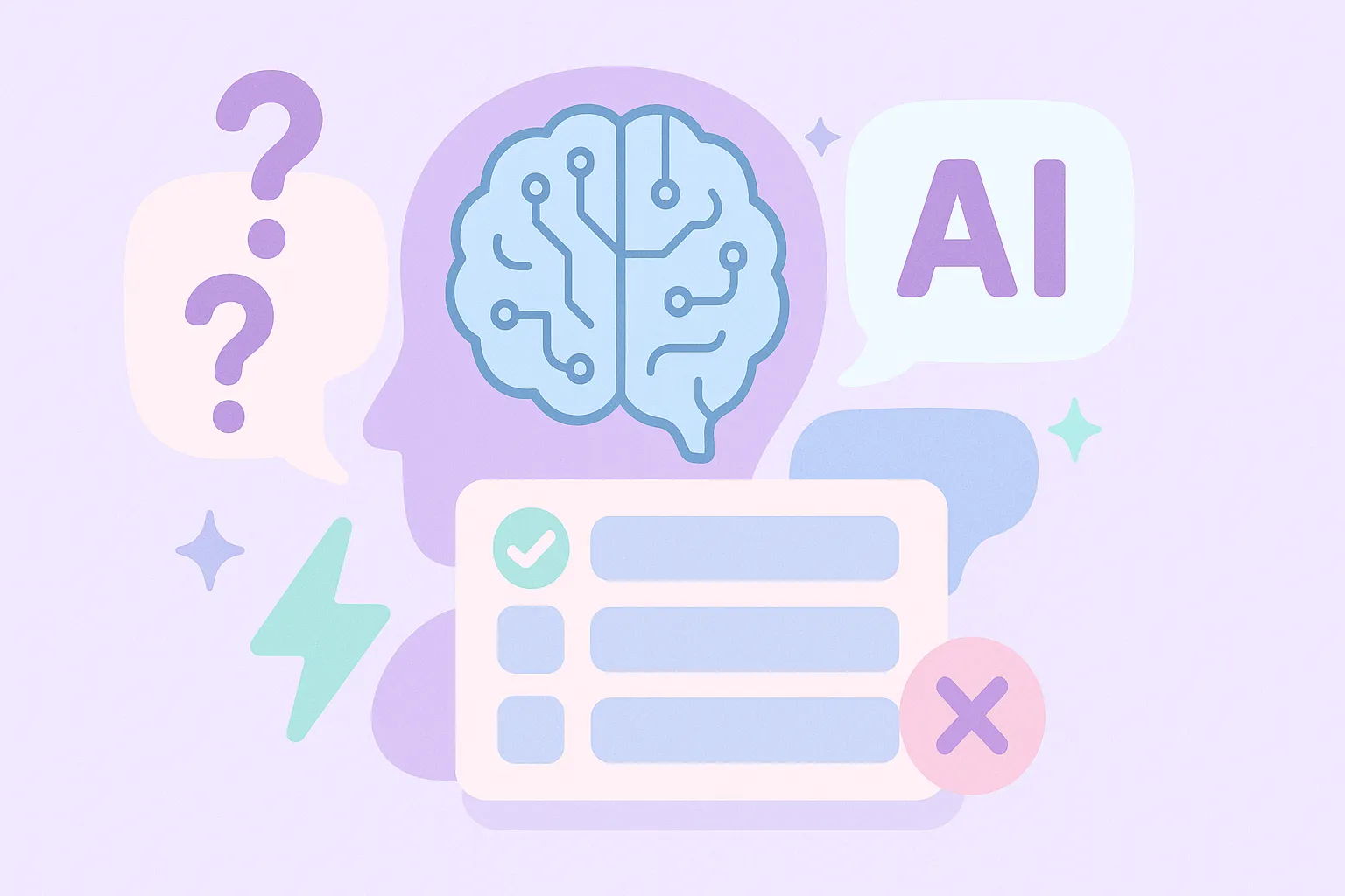 Ilustración colorida de un cerebro digital con iconos tecnológicos, en estilo pastel y aspecto de juego de preguntas