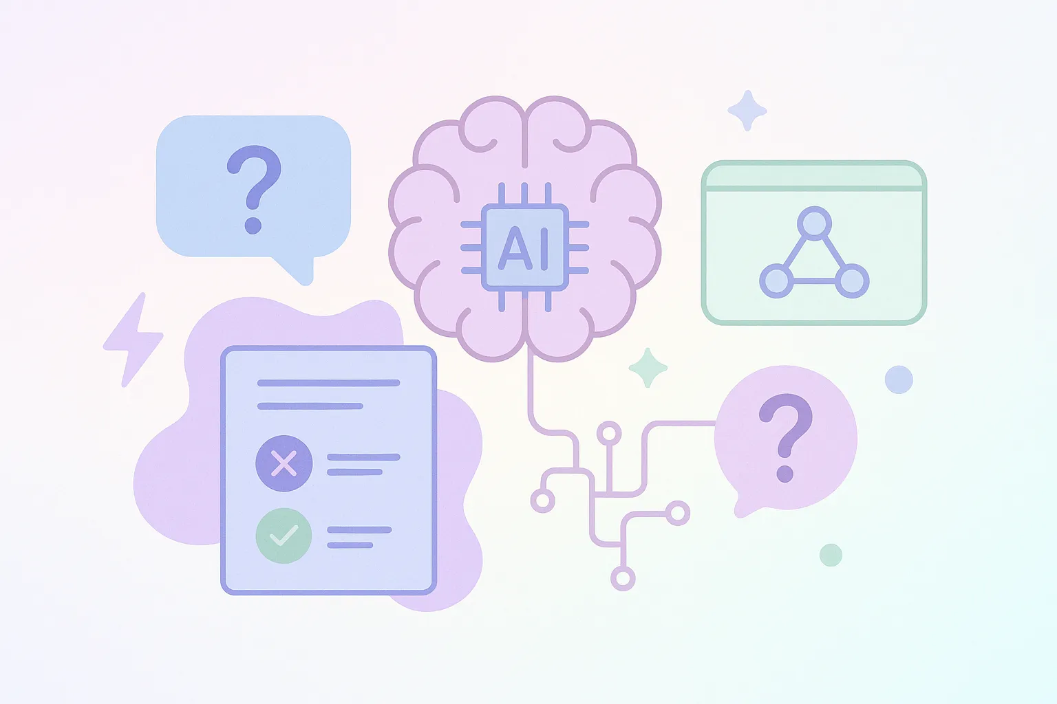 Ilustración con elementos tecnológicos y iconos relacionados con inteligencia artificial en estilo pastel