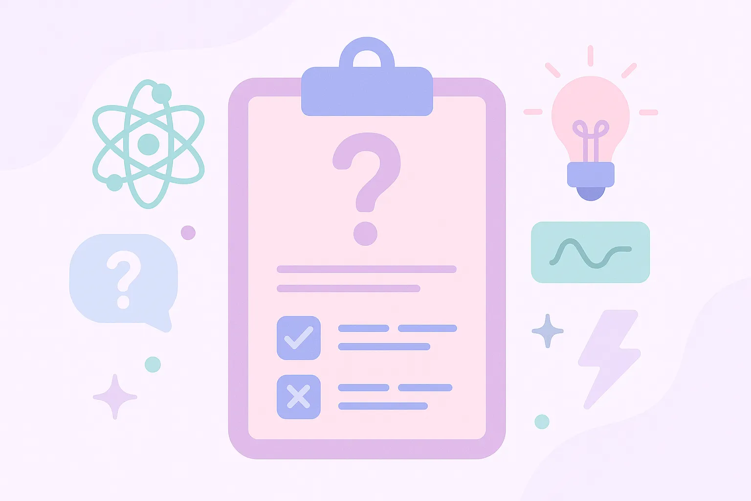 Dibujo de un telescopio sobre un fondo color pastel con símbolos de física para un quiz sobre conocimientos científicos