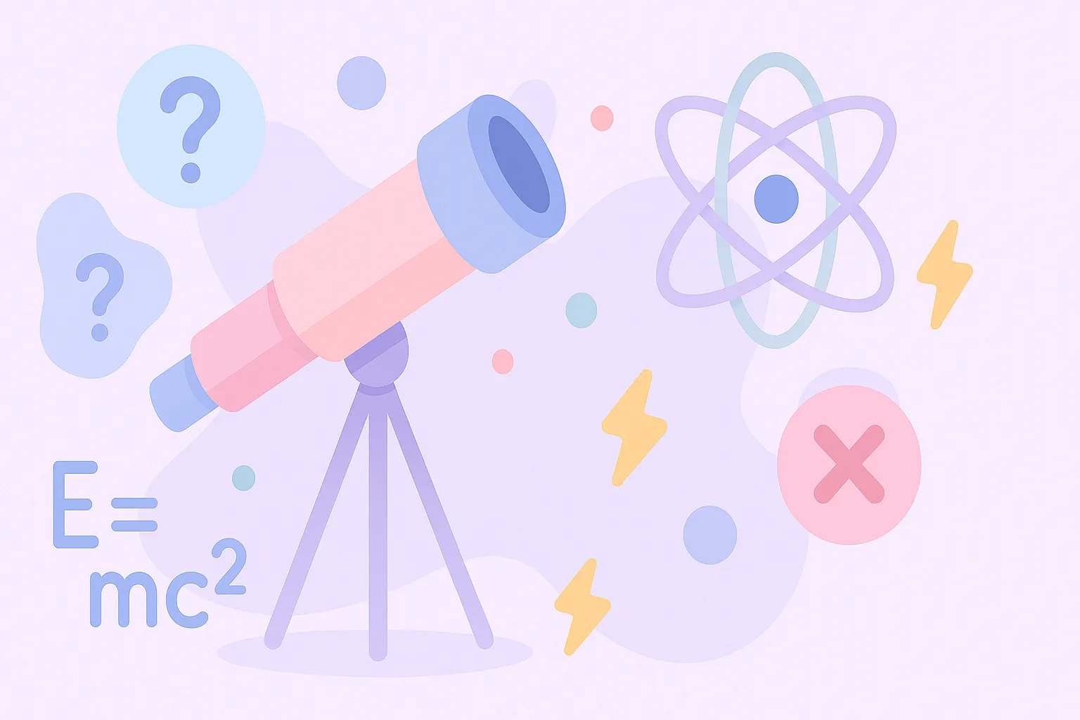 Ilustración de un cuestionario con símbolos y ecuaciones relacionadas con la física en estilo pastel