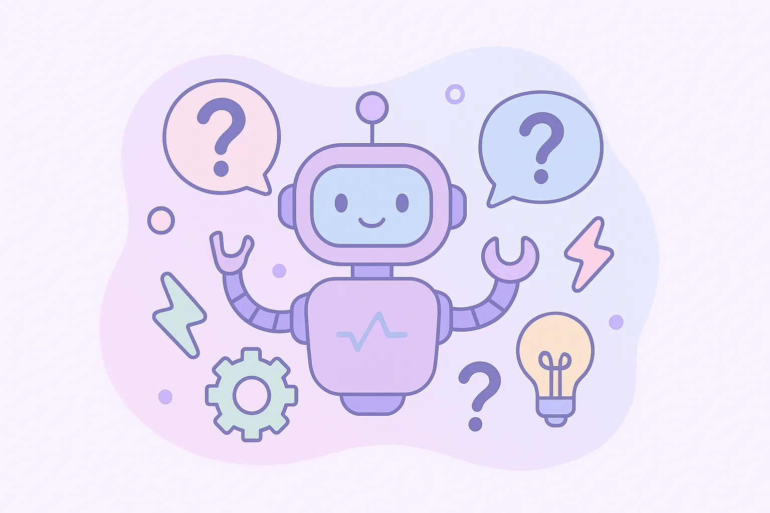 Robot amigable en estilo pastel con elementos tecnológicos invitando a recordar conceptos de robótica