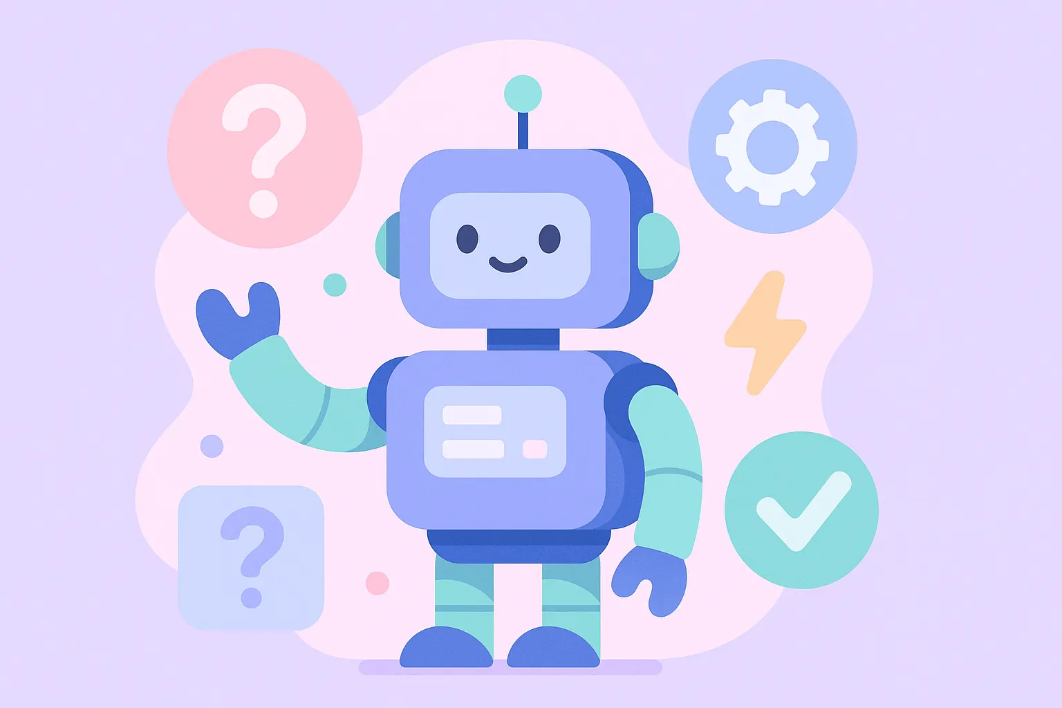 Ilustración estilizada de un robot interactuando con elementos tecnológicos en un fondo pastel