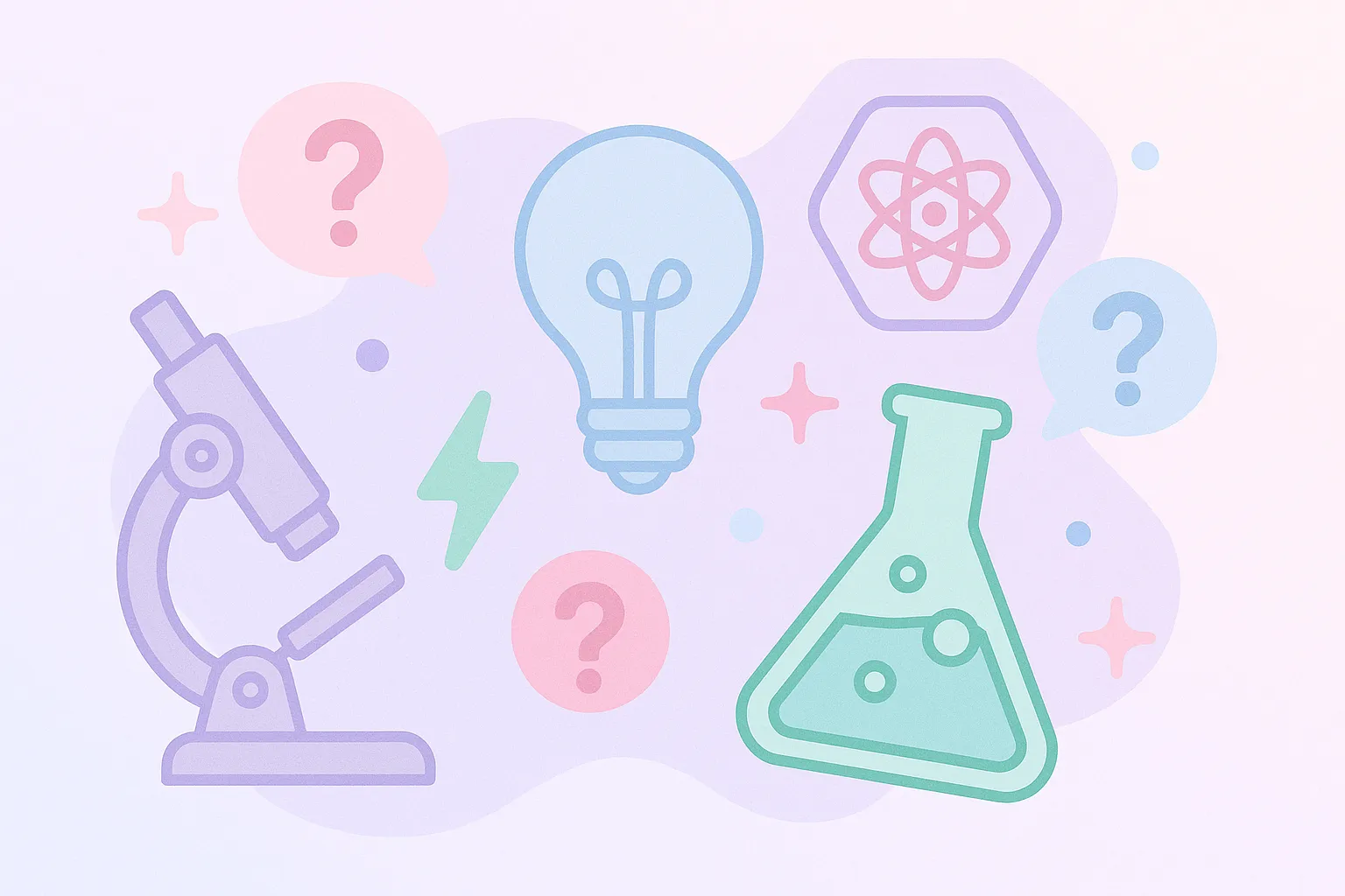 Ilustración con elementos científicos y símbolos representando un test de ciencia en estilo pastel y animado