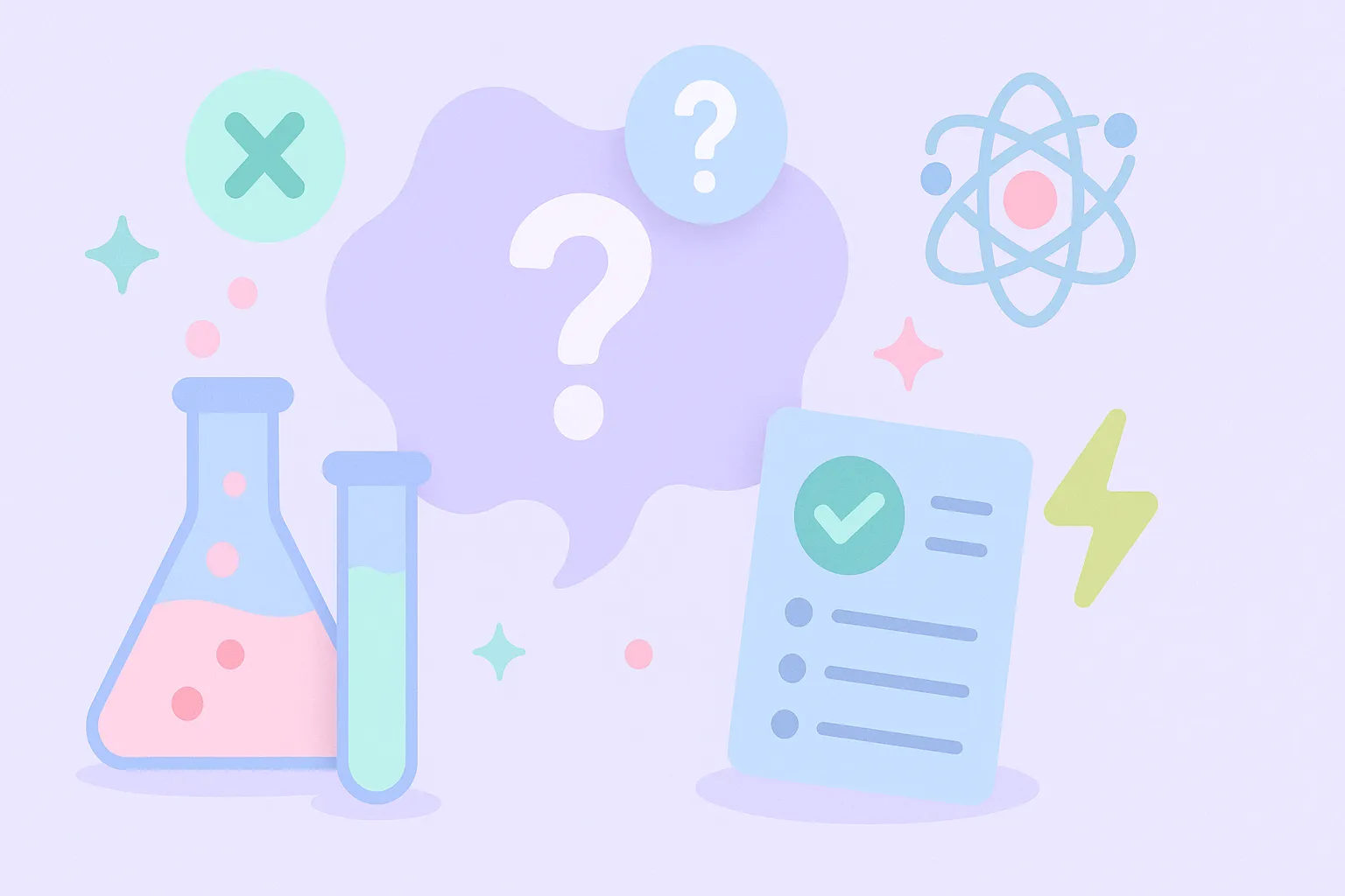 Ilustración de un test de ciencia con elementos científicos y opciones de respuesta en estilo pastel