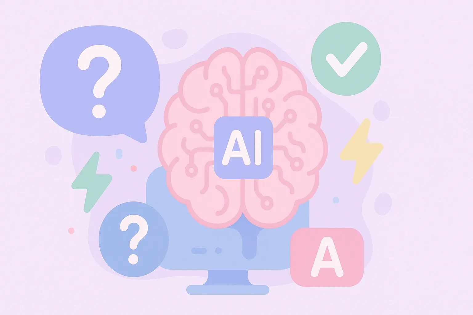 Iconos y símbolos relacionados con inteligencia artificial y datos clave sobre esta tecnología en estilo pastel