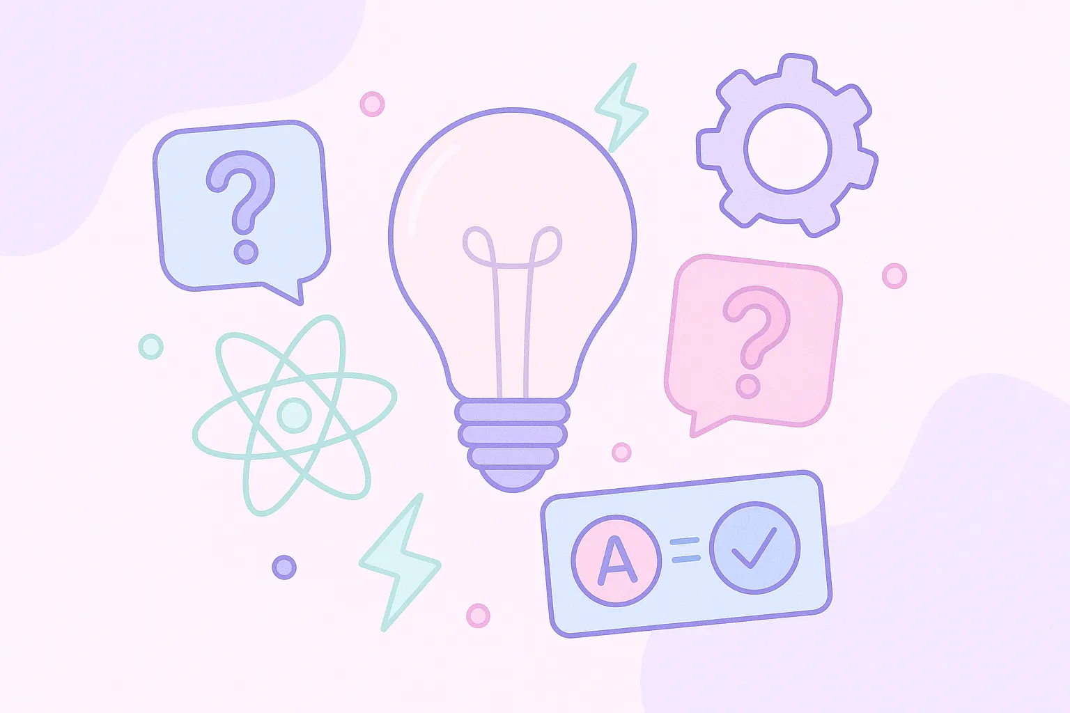 Ilustración colorida de elementos relacionados con inventos en estilo pastel para un quiz